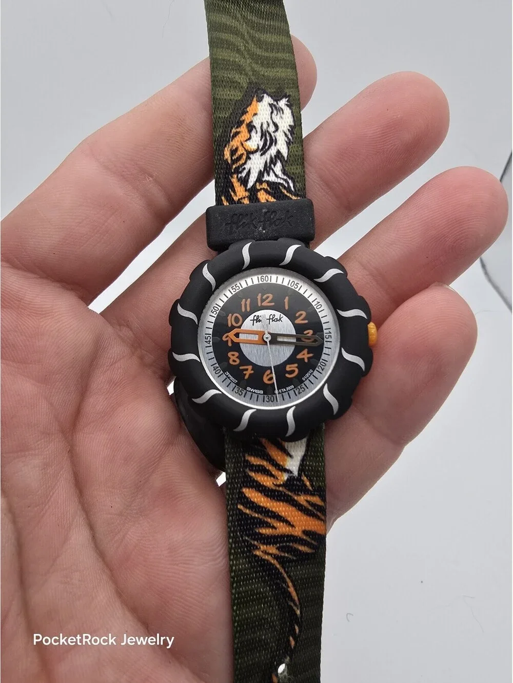 Flik Flak Swiss Made Tiger Print Green Fabric Strap Kids Quartz Watch 2010